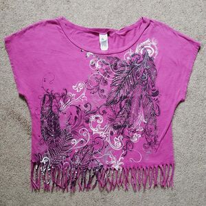 EPG Y2k Women's Graphic Print Cropped T-shirt Glitter Fringe Boho Pink Size S